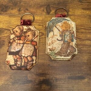Vintage Hummel Style Wood Wall Plaques Pair w/ Crackle Finish & Velvet Hanger